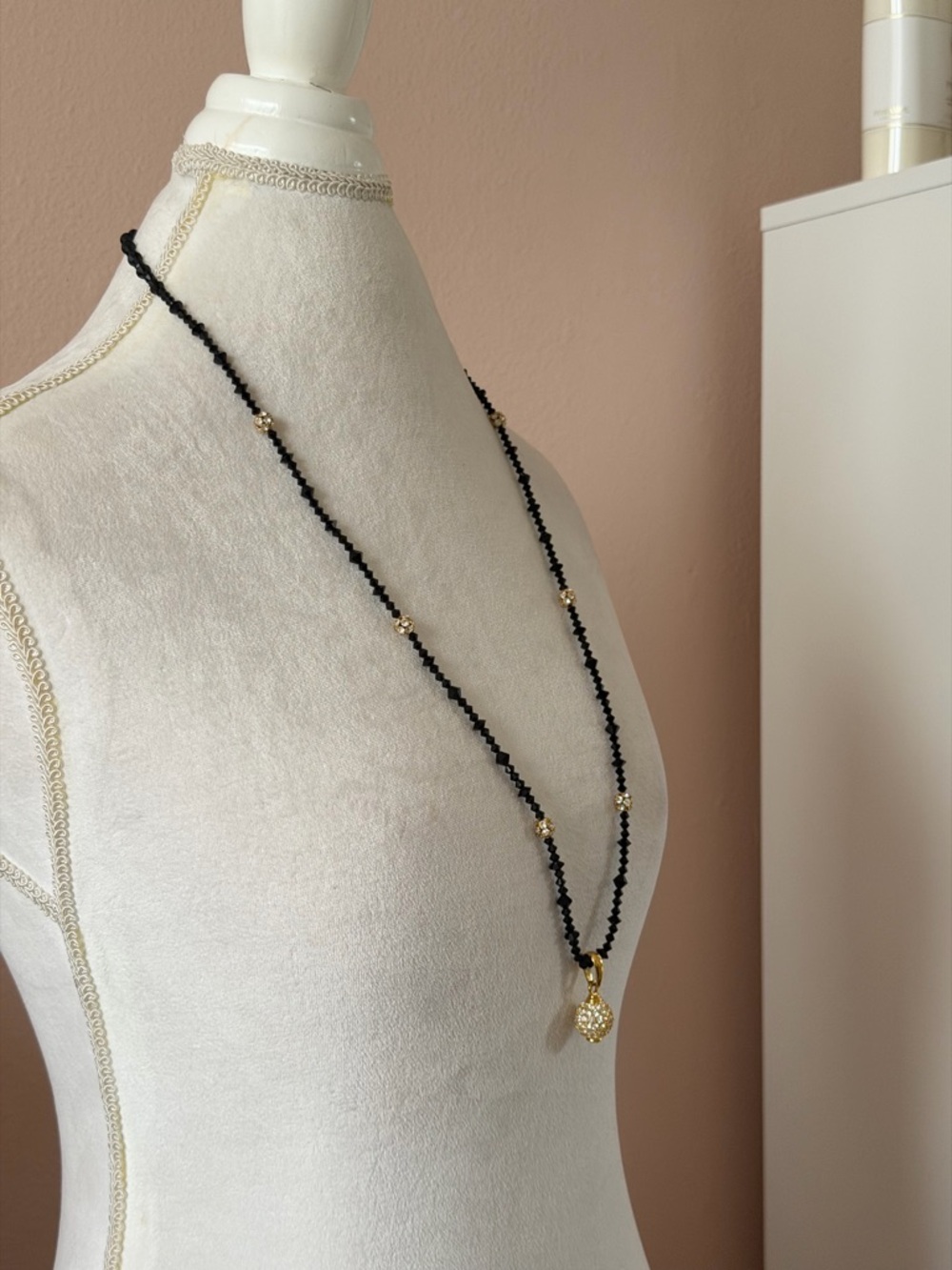 Vintage Gold-Tone Black Faceted Bead Necklace with Pavé Ball Pendant - Picture 2 of 4